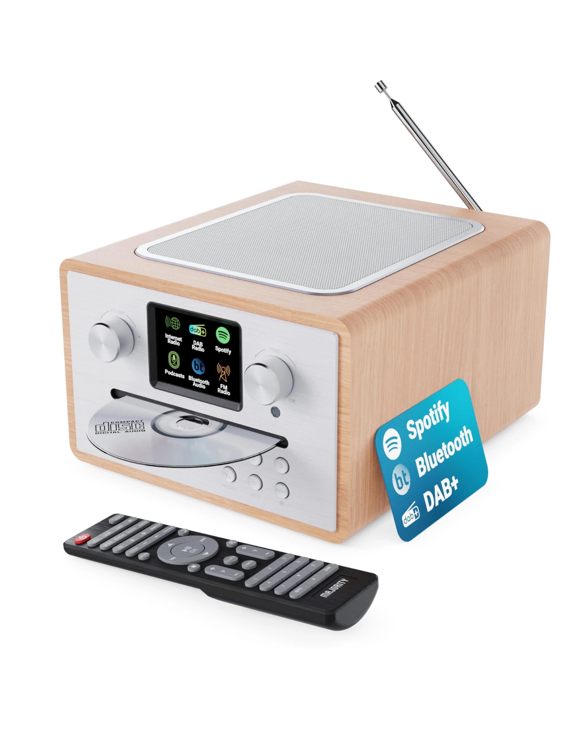Internet Radio CD Player and DAB+ | Bluetooth, Spotify Connect, Podcasts | FM Radio, Dual Alarm, 80 Presets | Custom EQ Settings | Full Colour LED Display & Remote Control | MAJORITY Homerton (Oak)