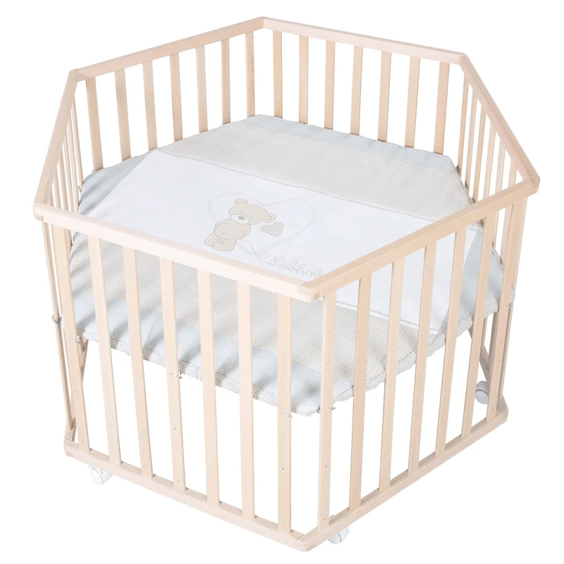 roba Wooden Hexagonal Playpen 'Liebhabear' with Insert and Wheels with Brakes - Naturel