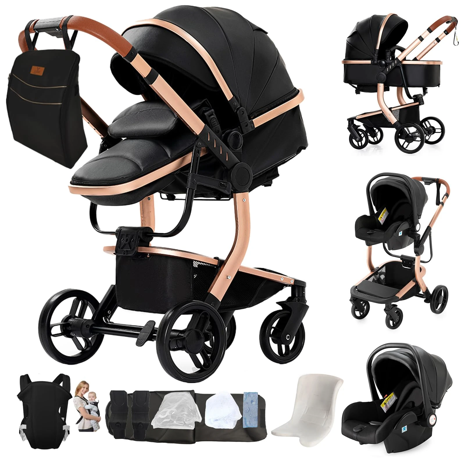Magic ZC PU Leather 3 in 1 Pushchair Pram Travel System, Baby Stroller 3 in 1 with Reversible Two Pushing Modes, Newborn Infant Carriage One-Click Folding, Toddler Buggy Aluminum Frame (Black 518)