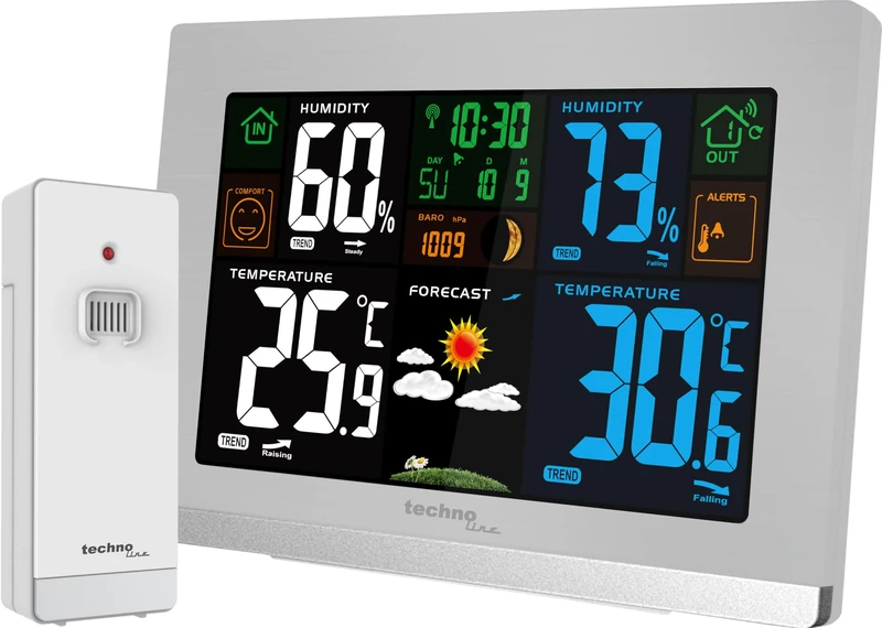 Technoline WS6462 Wireless Weather Station, Indoor Temperature, Outdoor Temperature, Humidity, Air Pressure, Trend Display, Colour Display, Radio Clock, Moon Phases