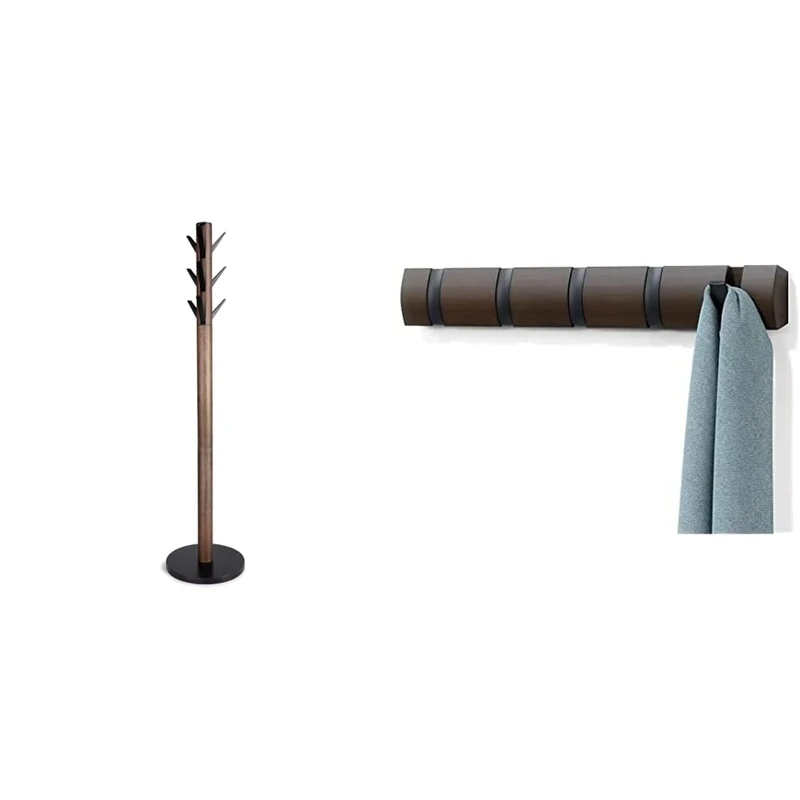 Umbra Flapper Coat Rack, Clothing Hanger & 5 Flip Wall Mounted Floating Rack – Modern, Sleek, Space-Saving Hanger with Retractable Hooks to Hang Coats, Scarves, Purses and More, Black/Walnut