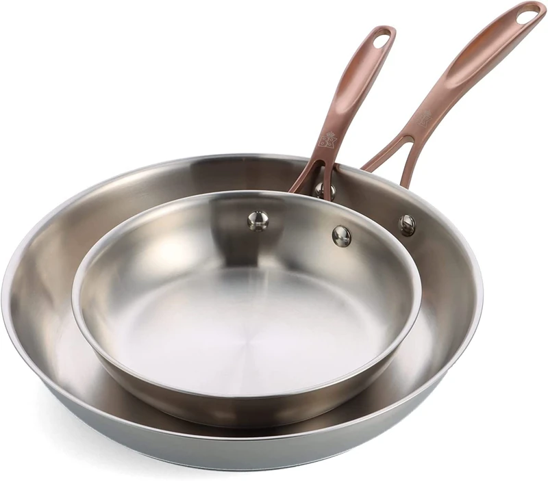 BK Rose Stainless Steel 20cm and 28cm Frying Pan Skillet Set, PFAS Free, Suitable for all hobs including induction, Durable and Professional, Oven Safe up to 200°C, Silver
