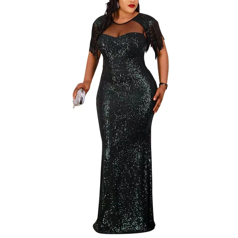 Cololura Sexy Sequin Tassel Mesh Perspective Party Cocktail Bodycon Evening Club Maxi Dress, Black, M