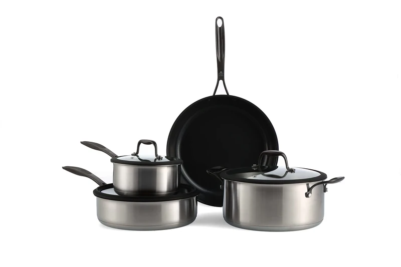 BK Ceramic Black Stainless Steel 7-Piece Cookware Pots & Pans Set with PFAS-Free Ceramic Non-Stick Coating, Frypan, Casserole, Saucepans, Lids, Induction, Dishwasher and Oven Safe, Black