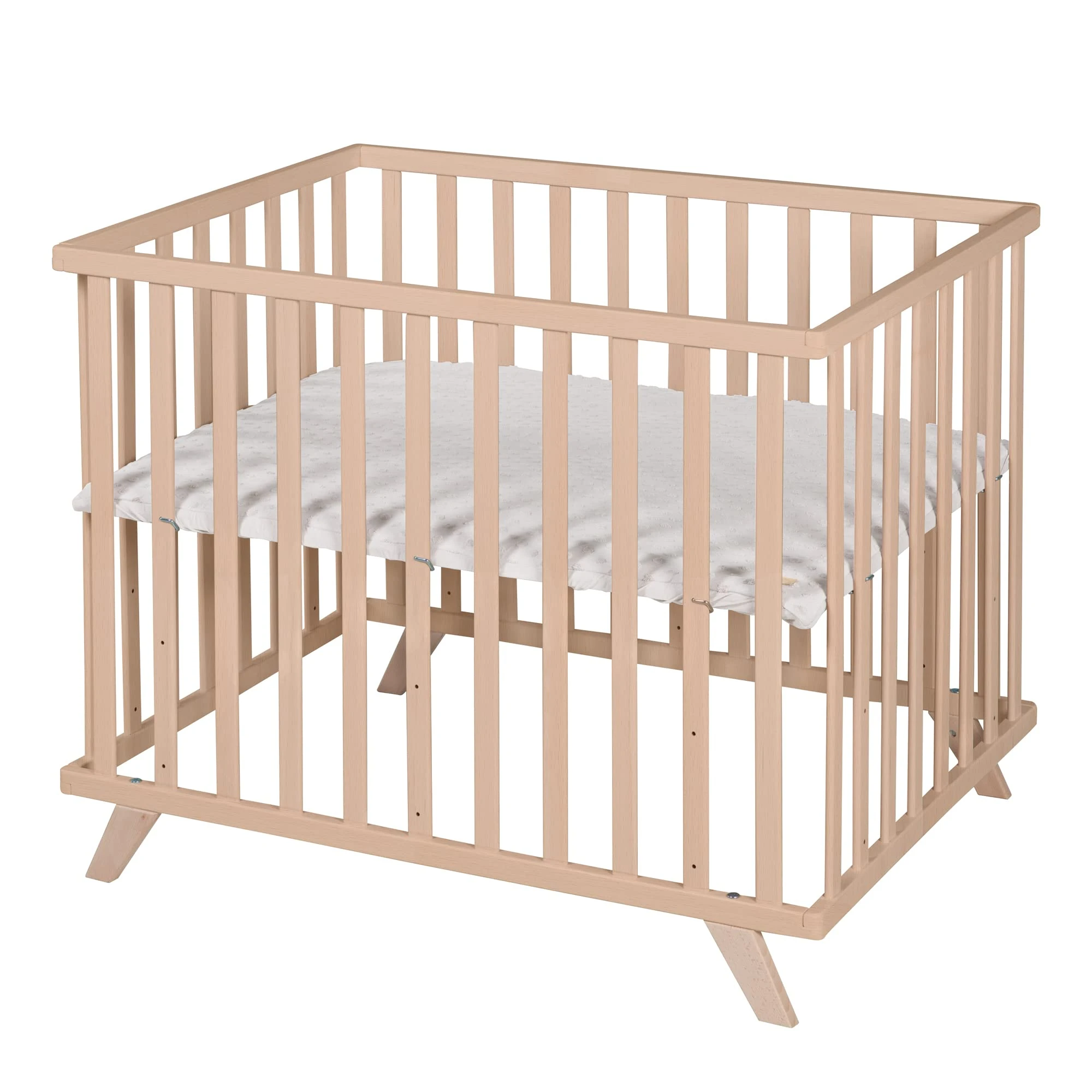 roba Organic Solid Wood Playpen 75 x 100 + Lil Planet Playmat Grey - Oeko-TEX and GOTS Certified - Height Adjustable Base - Retro Design - Natural Finish