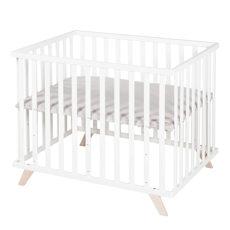 roba Organic Solid Wood Playpen 75 x 100 + Lil Planet Playmat Grey - Oeko-TEX and GOTS Certified - Height Adjustable Base - Retro Design - White Lacquered