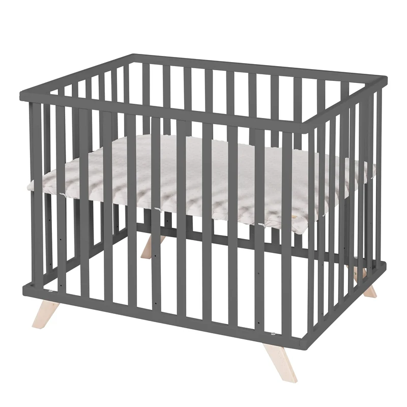 roba Organic Solid Wood Playpen 75 x 100 + Lil Planet Playmat Grey - Oeko-TEX and GOTS Certified - Height Adjustable Base - Retro Design - Anthracite Lacquered