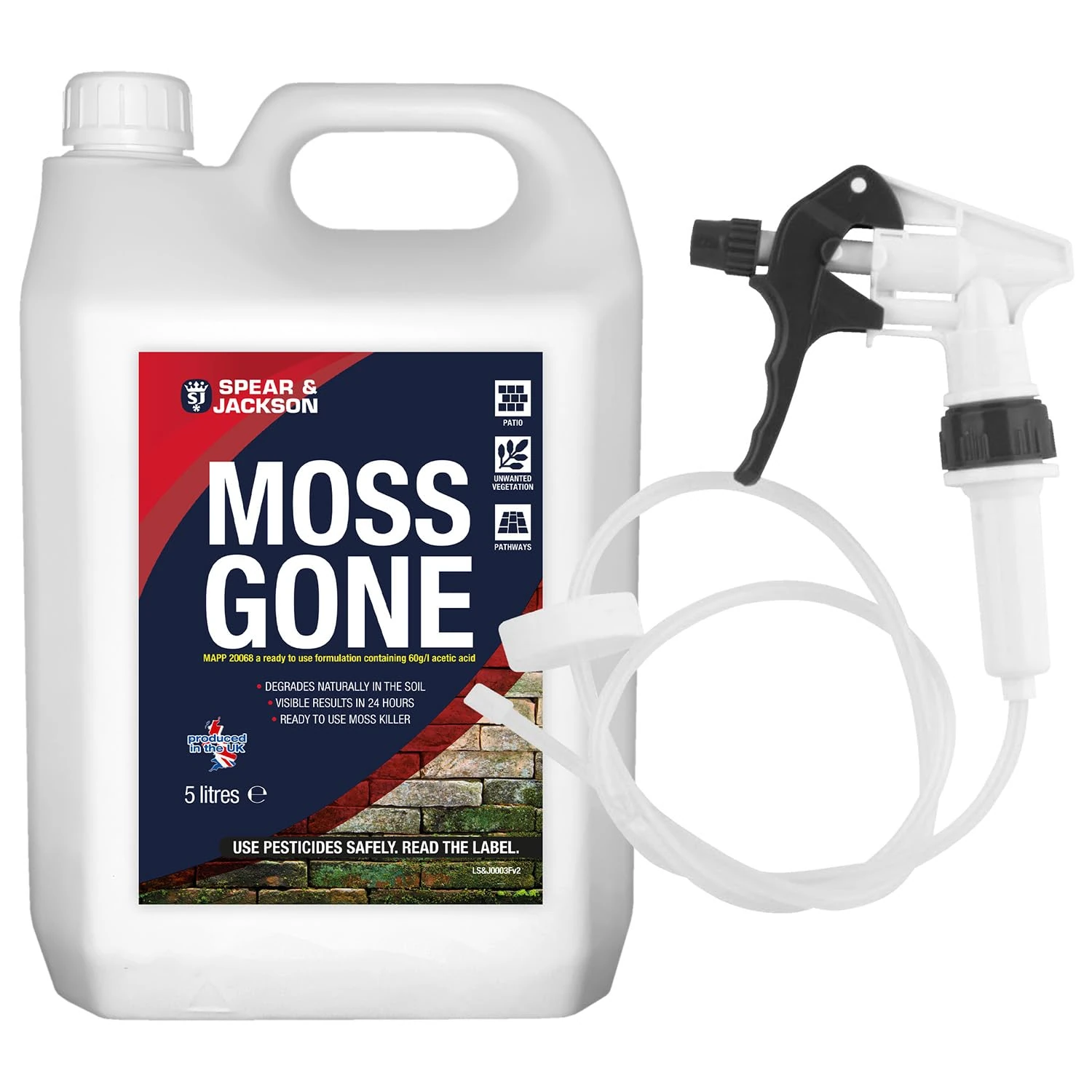 Spear and Jackson Moss Gone Moss killer 5 Litre with long hose trigger, Fast Acting, Suitable on Paths, patios and hard surfaces