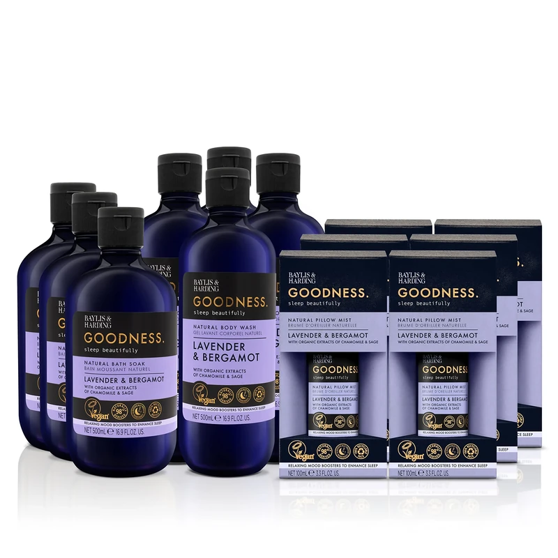 Baylis & Harding Goodness Sleep Bundle: 3 x Bath Soak 500ml, 4 x Body Wash 500ml and 6 x Pillow Mist 100ml (13 products) - Vegan Friendly