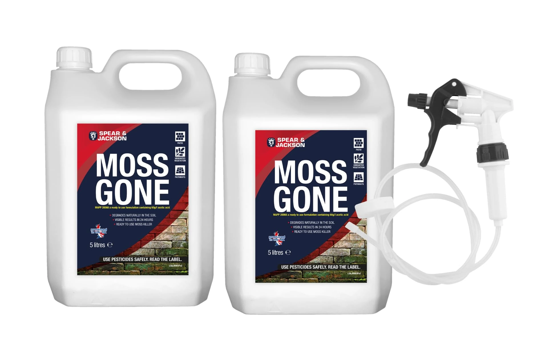 Spear and Jackson Moss Gone Moss killer 2 x 5 Litre with long hose trigger, Multi-pack, Fast Acting, Suitable on Paths, patios and hard surfaces