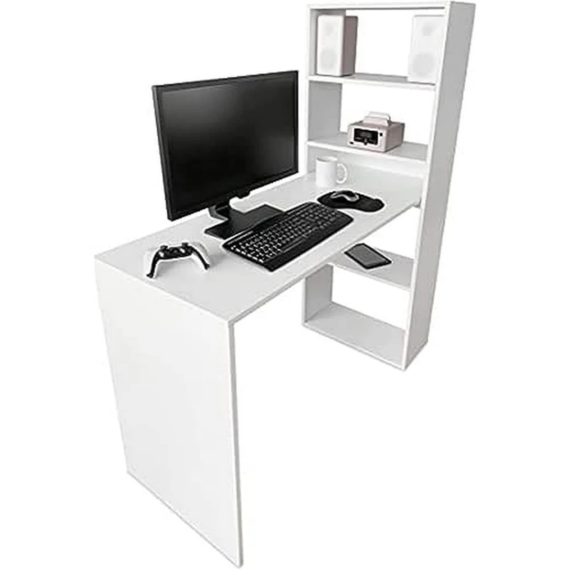 DUERMETE ONLINE White Desk with Reversible 5-Tier Shelf