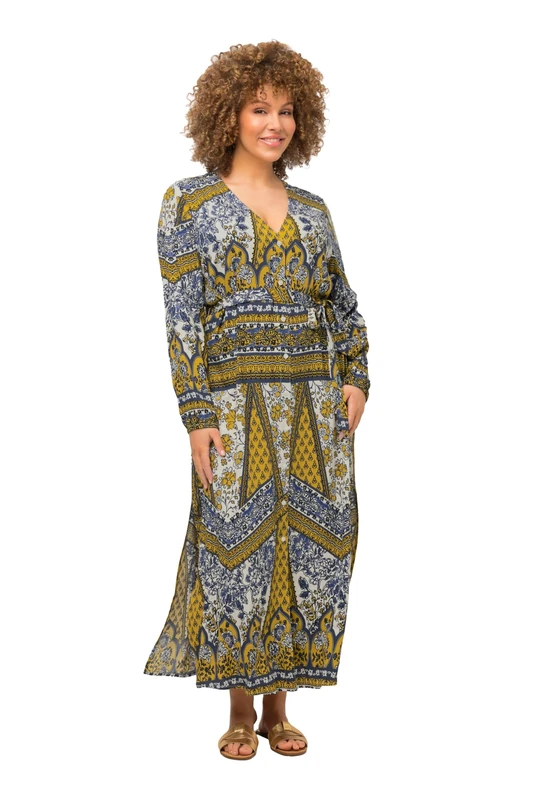 Ulla Popken Women's Maxi Dress, Fashion Print, V-Neck, Long Sleeve Dress, Snow White, 50/52