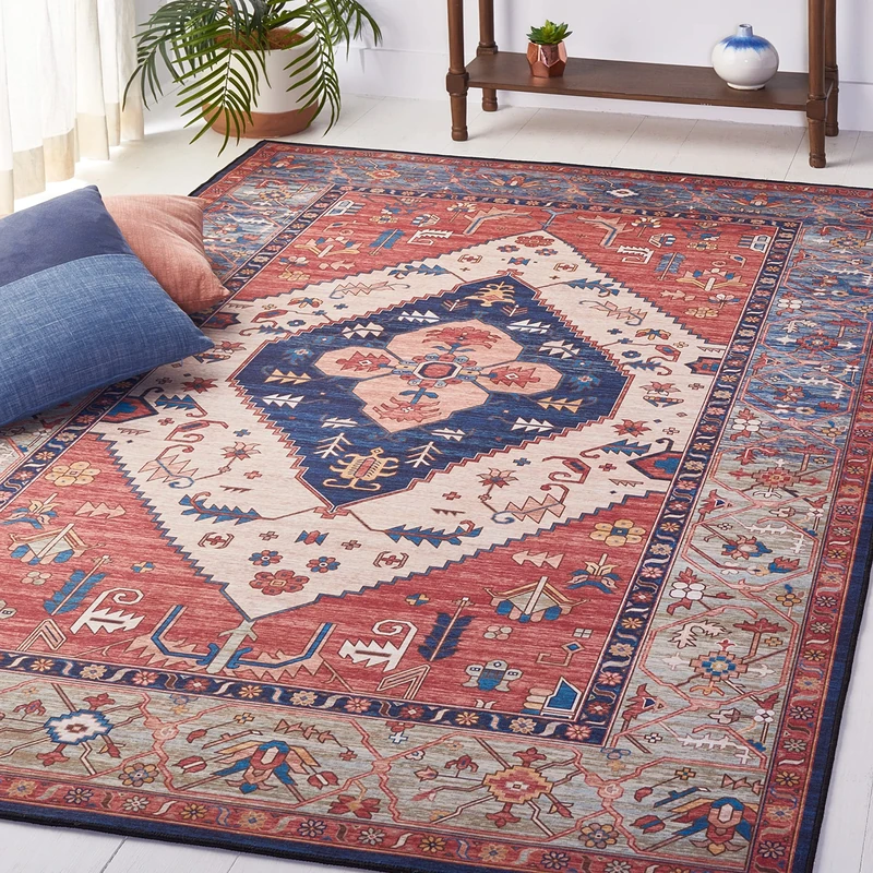 SAFAVIEH Washable Rug Tucson Collection - 6' x 9', Rust & Blue, Slip Resistant, Ideal for High Traffic Areas in Living Room, Bedroom, Home Office, Dining Space (TSN153P-6)