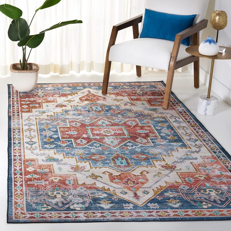Safavieh Traditional Rug Ideal for High Traffic Areas - Machine Washable and Non Slip - Tucson Collection, Short Pile, in Blue and Red, 152 X 244 cm
