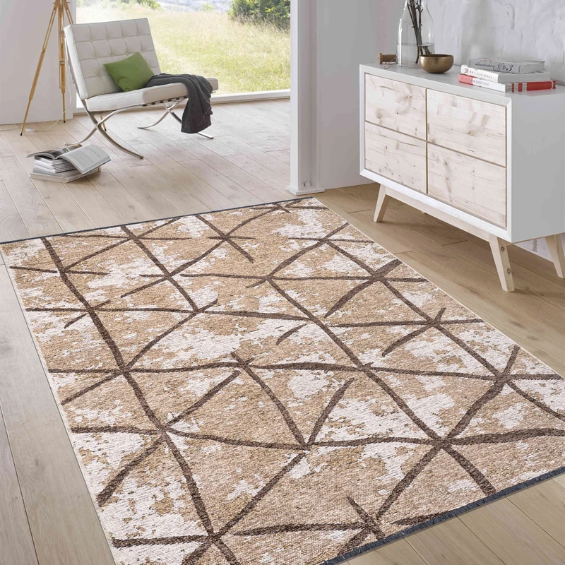 Jimri Short Pile Reversible Rug - Flat Woven Rug for Bedroom & Living Room, Entrance, Hallway - Machine Made Soft Polyester & Cotton Runner - Diamond Beige, Size: 115 x 170 cm