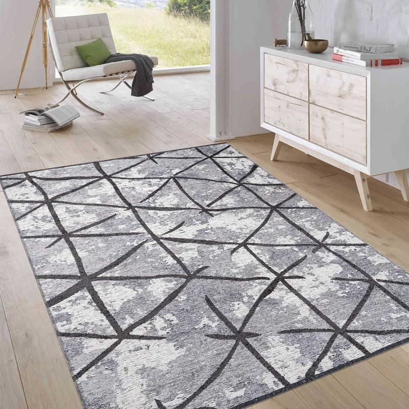 Jimri Short Pile Reversible Rug - Flat Woven Rug for Bedroom & Living Room, Entrance, Hallway - Machine Made Soft Polyester & Cotton Runner - Diamond Light Grey, Size: 115 x 170 cm