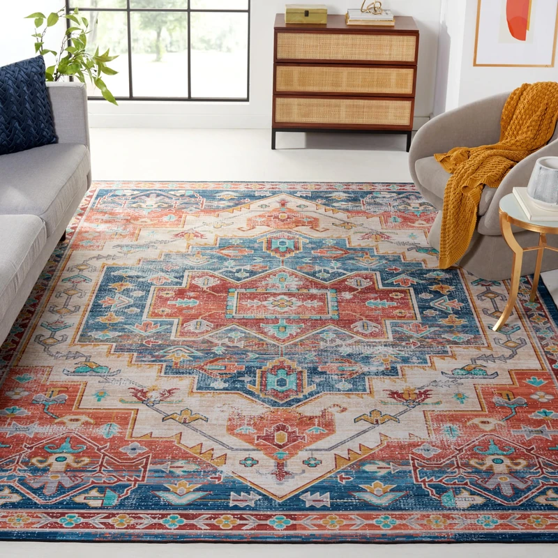 Safavieh Traditional Rug Ideal for High Traffic Areas - Machine Washable and Non Slip - Tucson Collection, Short Pile, in Blue and Red, 244 X 305 cm