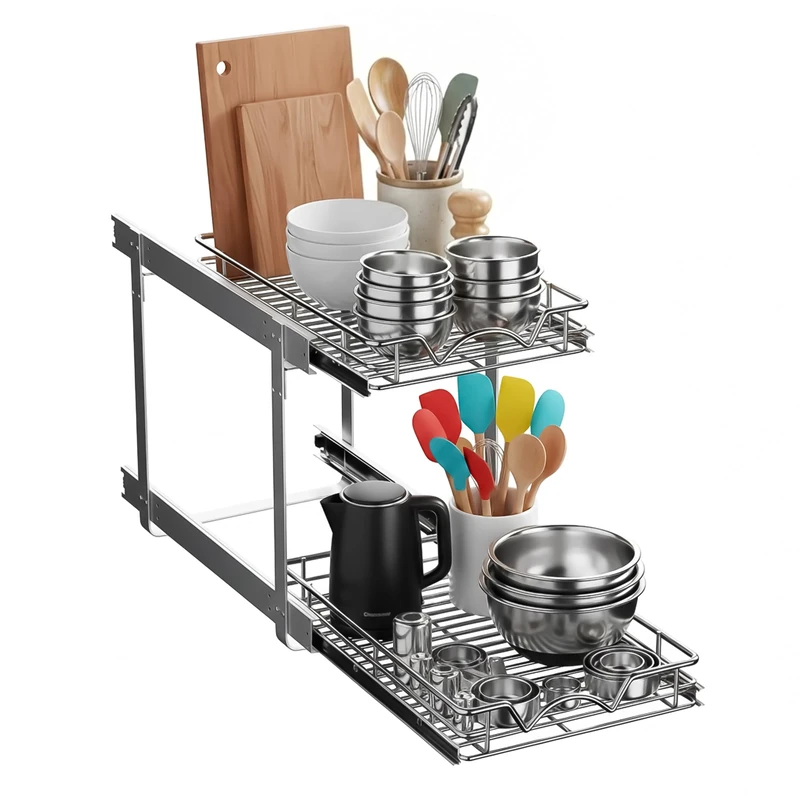 Hold N’ Storage Pull Out Cabinet Organizer 2 Tier – Heavy Duty Metal with Lifetime Limited Warranty -Anti Rust Chrome Finish -12.5"W x 21"D x 16-1/2"H