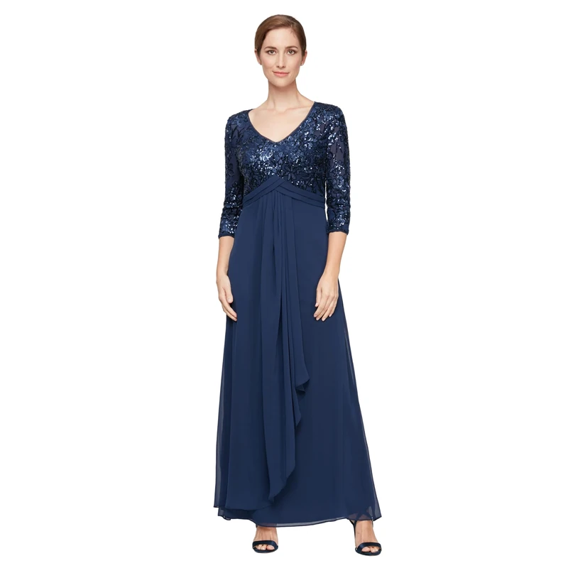 Alex Evenings Women's Long Lace Top Empire Waist Dress Special Occasion, Navy Sequin, 16