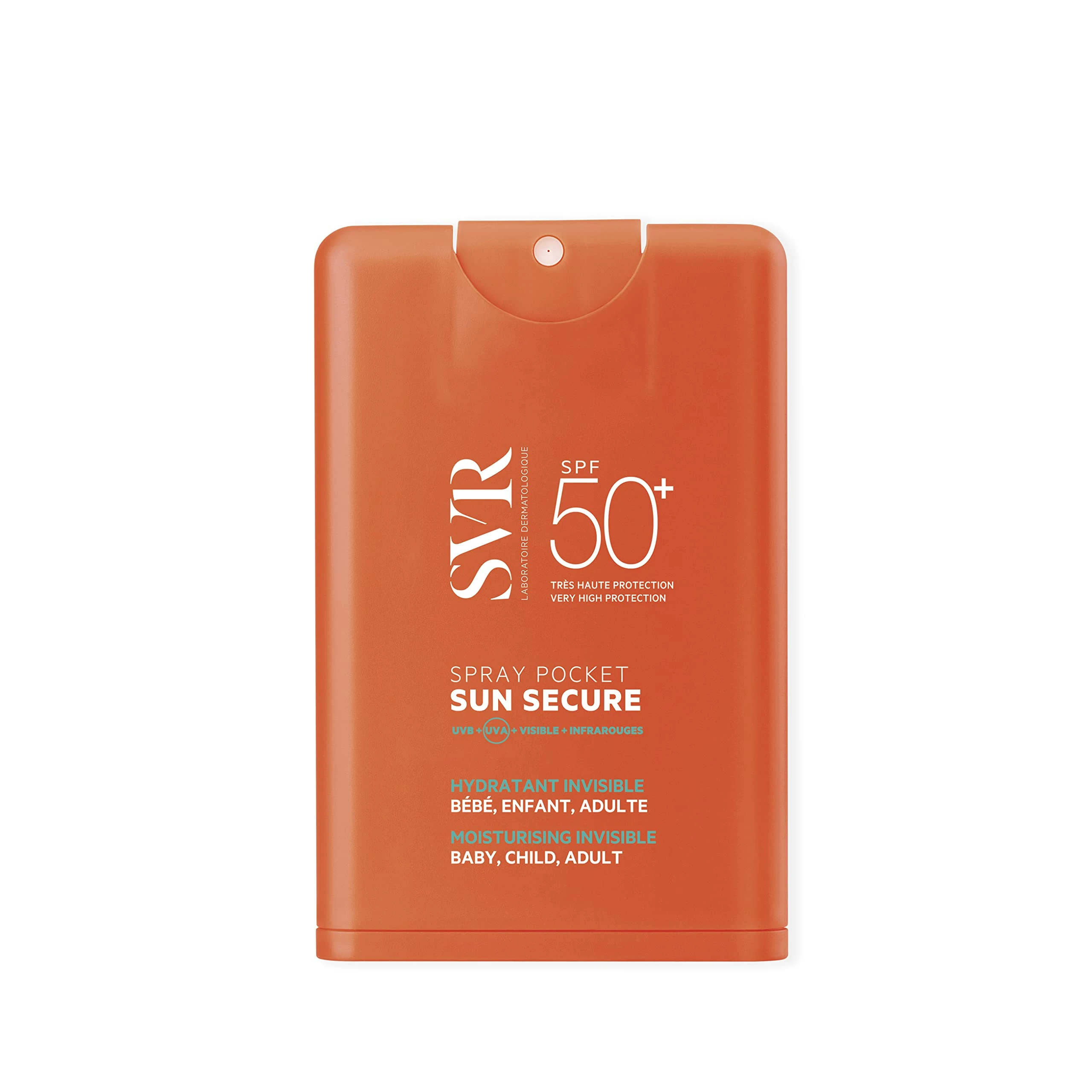 SVR SUN SECURE SPF50+ Pocket Spray - Broad-Spectrum Hydrating Face/Decollete Sunscreen for All Skin Types, Very High UVA/UVB Protection, Invisible, Water-Resistant, Reef-Safe, Baby, Child, Adult, 20ml