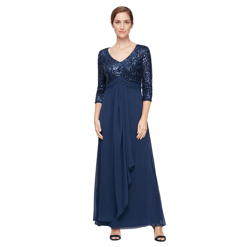 Alex Evenings Women's Long Lace Top Empire Waist Dress Special Occasion, Navy Sequin, 12 Petite