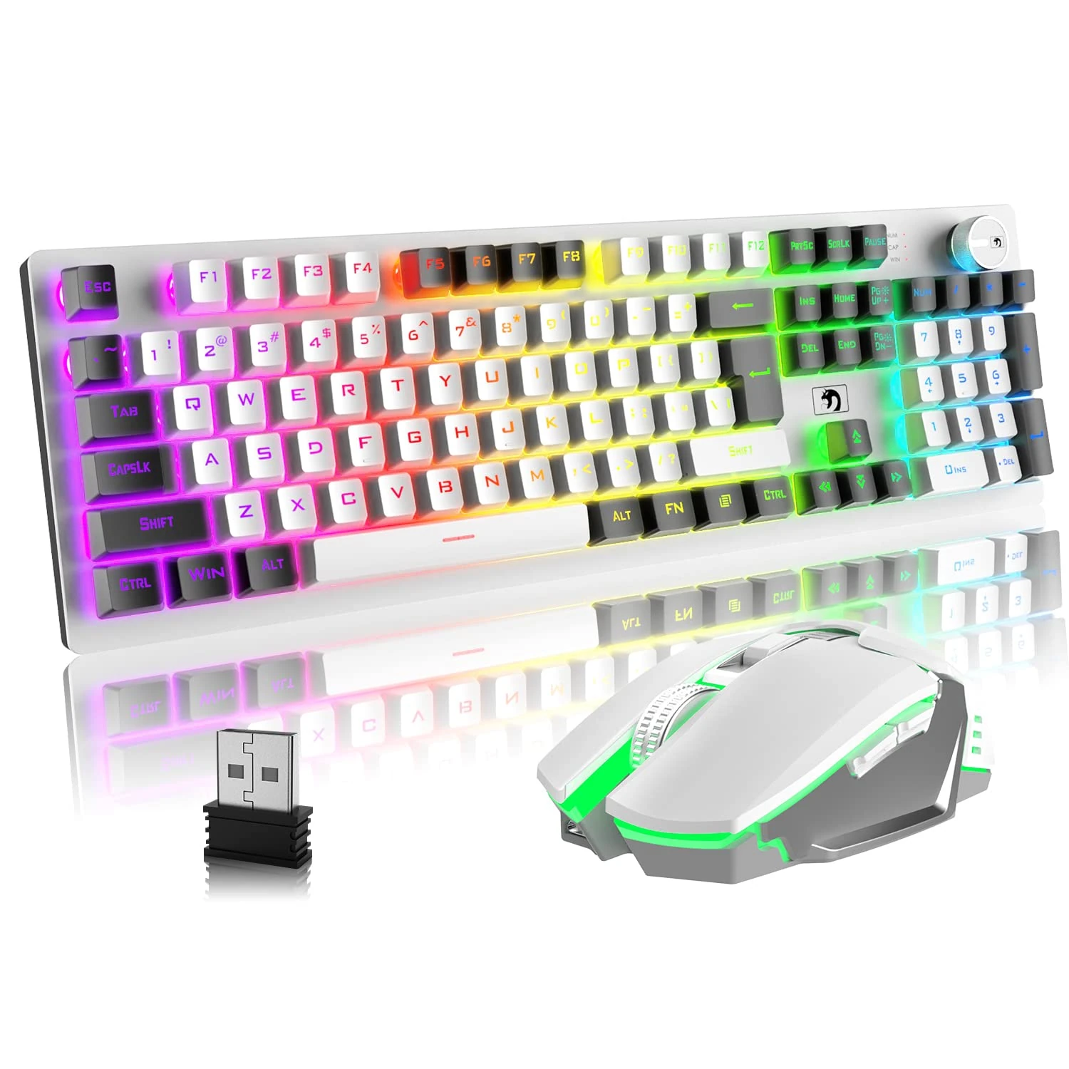 FELiCON K620 Wireless Gaming Keyboard and Mouse Rechargeable Combo, Mechanical Feeling 2.4G USB 4800 mAh 16 RGB Illuminated Chroma Backlit Piano Paint Panel+2400 DPI PC Gaming Mice Set for PS4-White