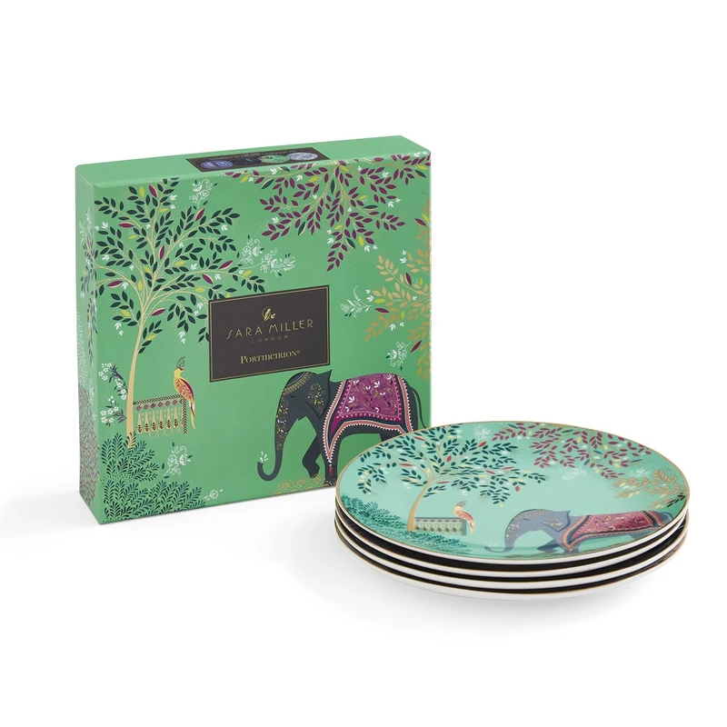 Portmeirion x Sara Miller London India Set of 4 Cake Plates - Fine China with 22ct Gold Detailing, Ceramic Dessert Plates, Suitable for Dining, Serving, Display and Special Occasions