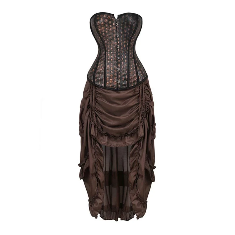 jutrisujo Steampunk Corset Dress Leather Bustier Top Skirt Set Skull Gothic Pirate Victorian Burlesque Halloween Costume Brown 2XL
