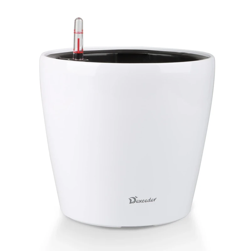 Dexceder 9x8 Inches High Gloss Self Watering Planter Indoor Outdoor, Inner Pot Design, Thickened Table Flower Plant Pot with Water Level Indicator (White)