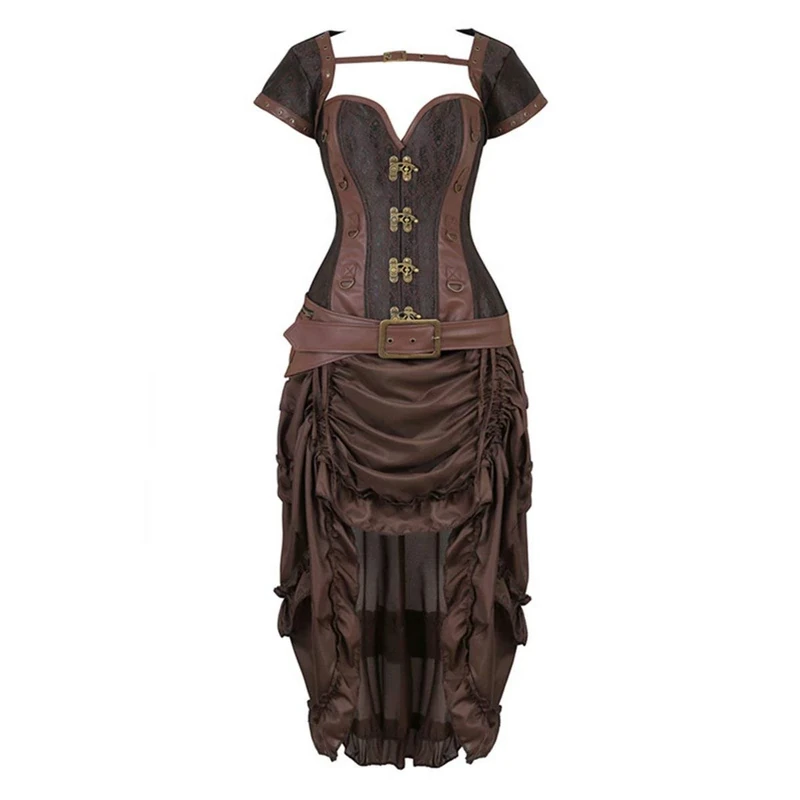 jutrisujo Steampunk Corset Dress Leather Bustier Top Skirt Set Gothic Pirate Victorian Burlesque Halloween Costume Brown 2XL