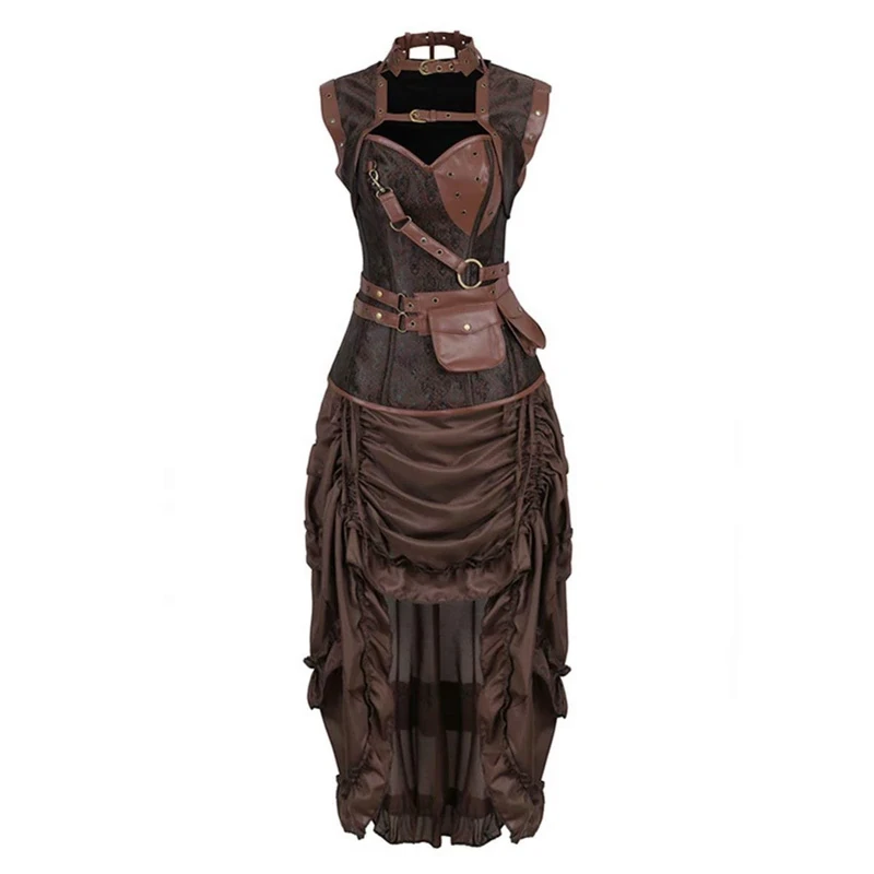 jutrisujo Corset Dress Steampunk Leather Bustier Top Skirt Set Gothic Pirate Victorian Burlesque Halloween Costume Brown 2XL
