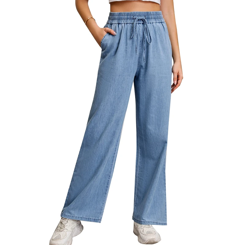 Love Welove Fashion Wide Leg Jeans for Women Elastic High Waisted Pull On Drawstring Baggy Denim Pants Plus Size 3XL, Light Weight Light Blue, XXL
