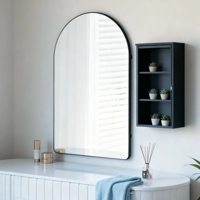 Black Arched Bathroom Mirror 20"x28",Tempered Glass,Modern Minimalist