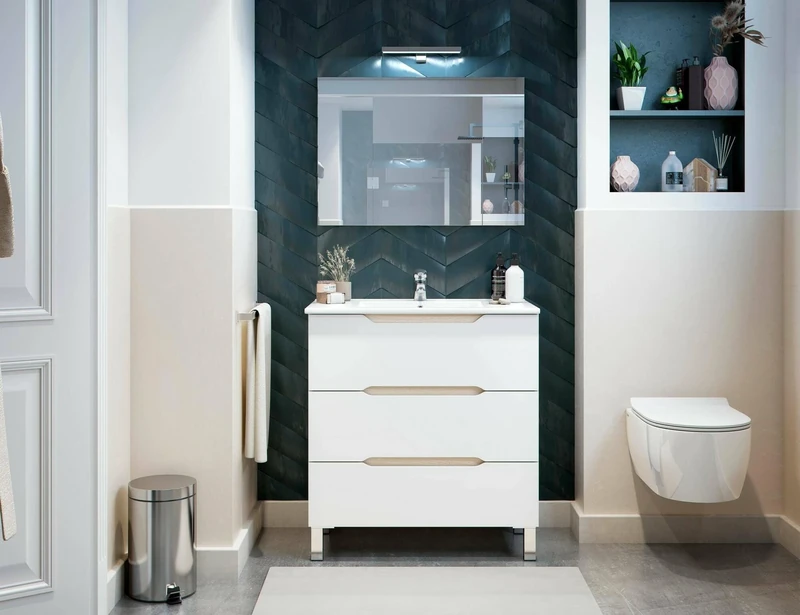Dmora Ona Bathroom Vanity Unit, Vanity Unit, Sink Holder, Sink Cabinet, 80 x 45 x H 86 cm, White Gloss and Oak
