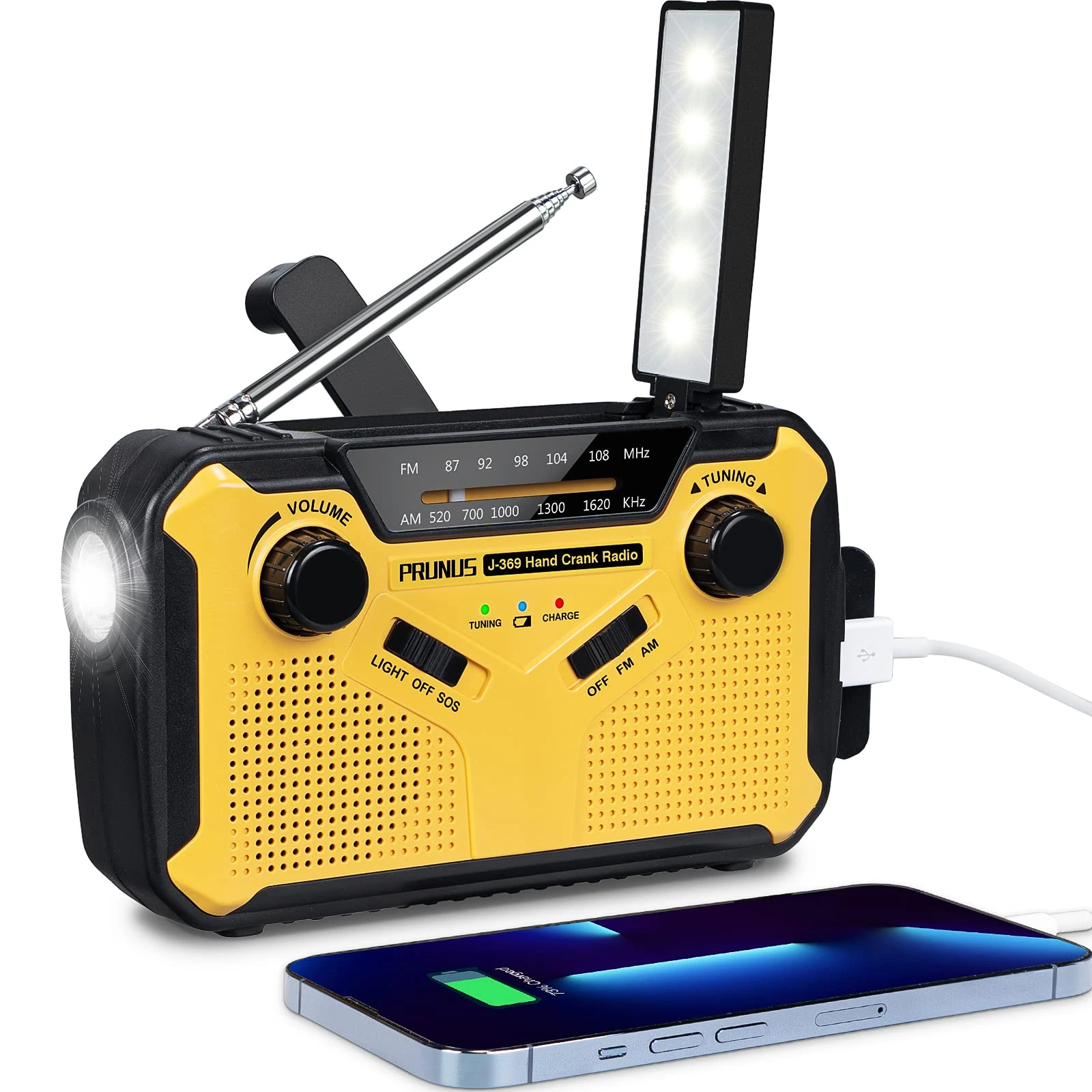 PRUNUS J-369 Wind Up Radio Solar, AM/FM Emergency Hand Crank Radio, Battery Radio with 3000mAh Power Bank, LED Torch, SOS Alarm, USB Phone Charger Perfect for Emergencies & Outdoor Survival