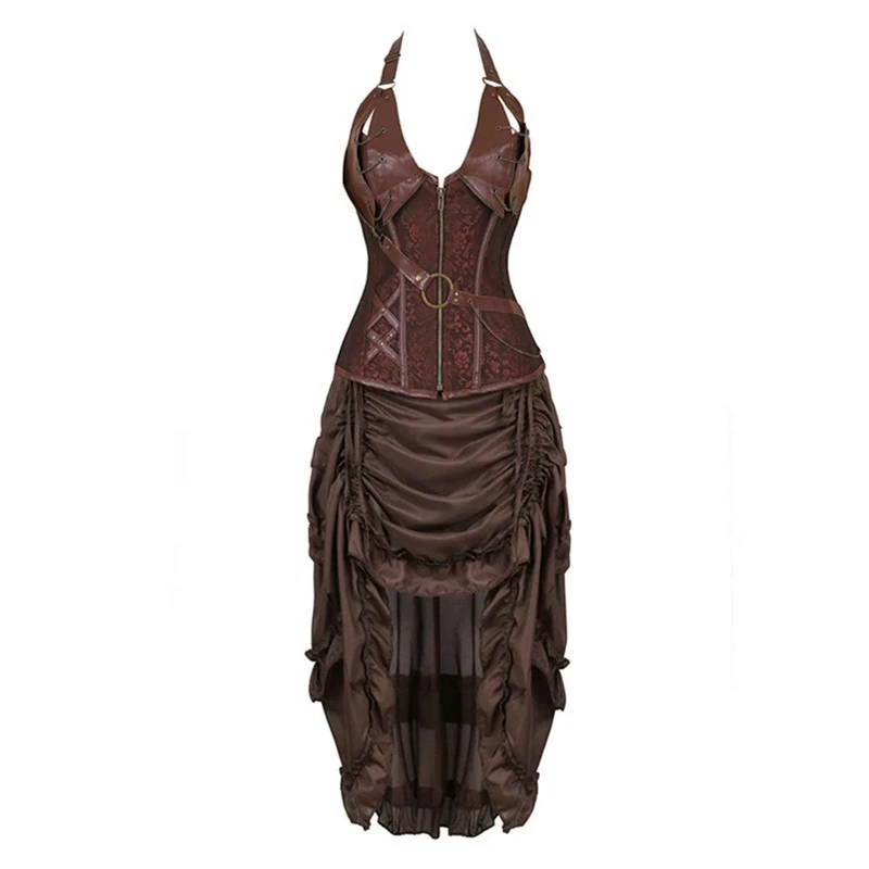 jutrisujo Steampunk Corset Dress Leather Bustier Top Skirt Set Gothic Pirate Victorian Burlesque Halloween Costume Brown 2XL