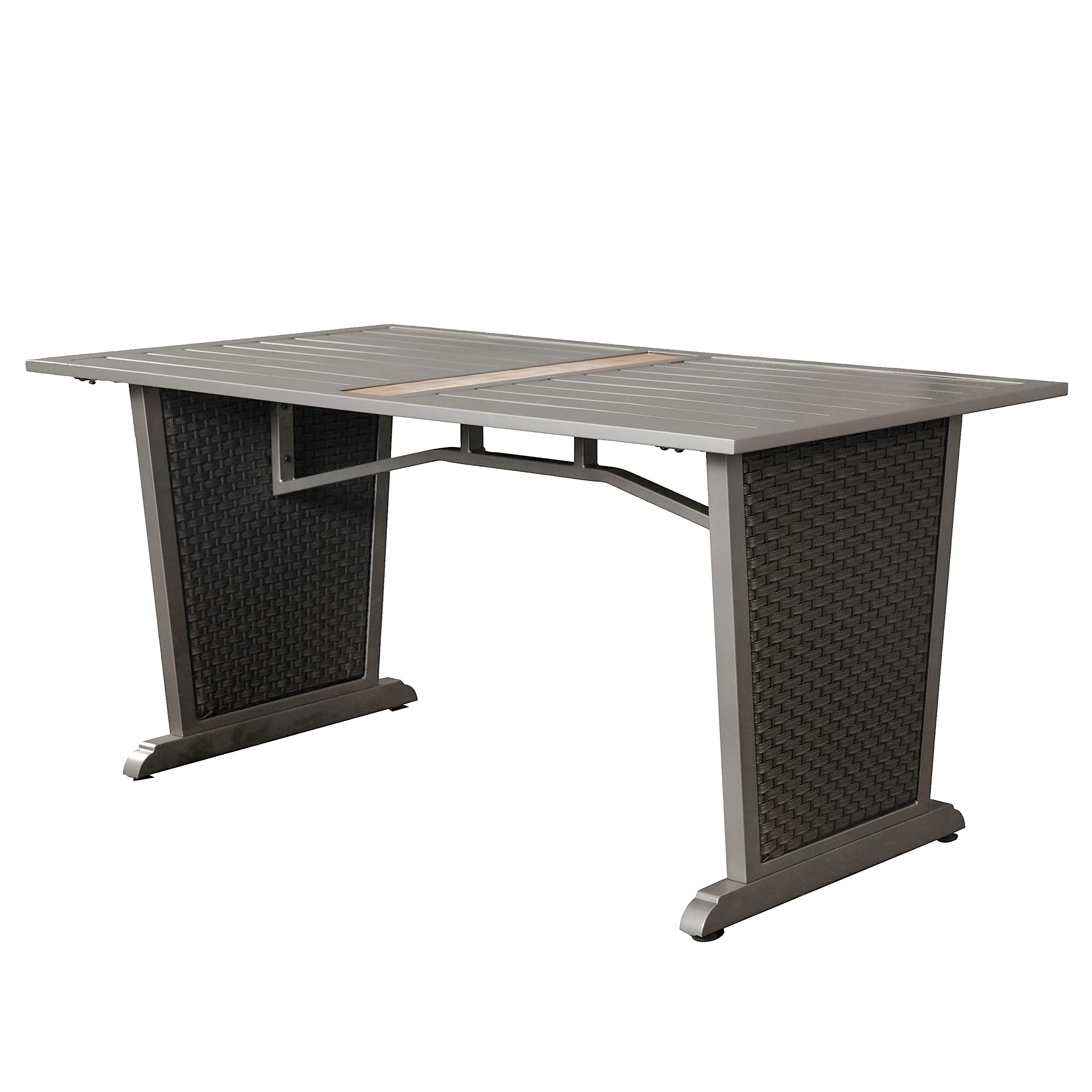 LOKATSE HOME Outdoor Rectangle Dining Table with Grey Metal Steel Slat Top and Rattan Leg