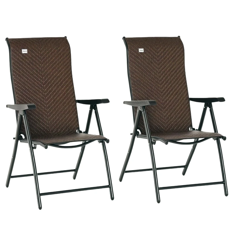 Outsunny Set of 2 Outdoor Wicker Folding Chairs, Patio PE Rattan Dining Armrests Chair set with 7 Levels Adjustable Backrest, for Outdoors, Camping, Brown