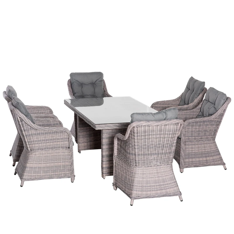 Outsunny 7 Pieces Patio Wicker Rectangular Garden Dining Set, Outdoor Mixed Round & Half-round PE Rattan Aluminum Conversation Furniture Sets w/Tempered Glass Table & Padded Cushion, Grey