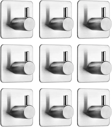 Auxmir Towel Hooks, Pack of 9, Towel Holders Without Drilling, Self-Adhesive Wall Hooks Made of Stainless Steel, Rust-Proof, Ideal for Bathroom, Toilet, Kitchen, Office