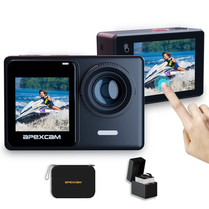 Apexcam 4K/60FPS Action Camera with Touch Screen EIS 24MP 40M Waterproof Sports Camera Ultra HD 170°Wide-Angle 2.4G Remote Control Support External Mic 2 Rechargeable Batteries and Accessories Kit