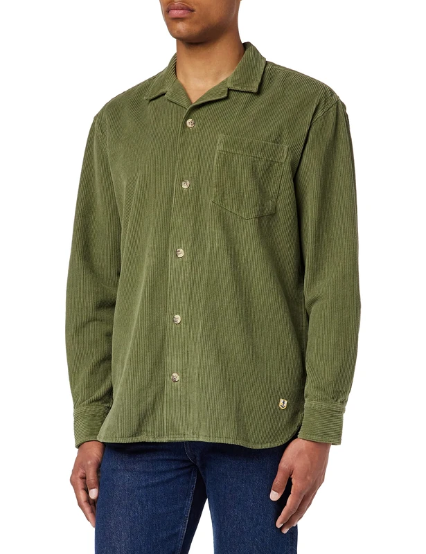 Armor Lux Men's Long Sleeve Shark Collar Overshirt Dress Shirt, Military, XXL