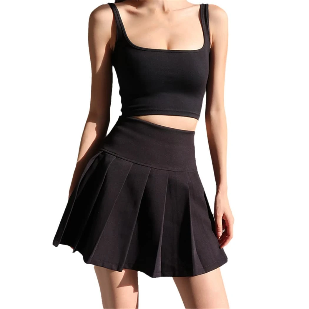 KEHAIOO Summer Womens Mini Pleated Skirt, Black Harajuku High Waist Sexy Gothic Solid Skirts