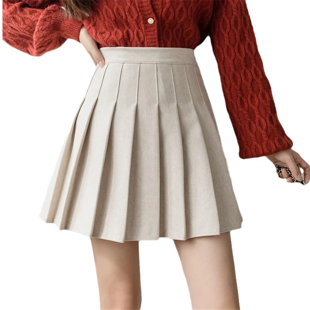 KEHAIOO Autumn Woolen Mini Pleated Skirt, Women Korean Style High Waist A Line Short Skirt