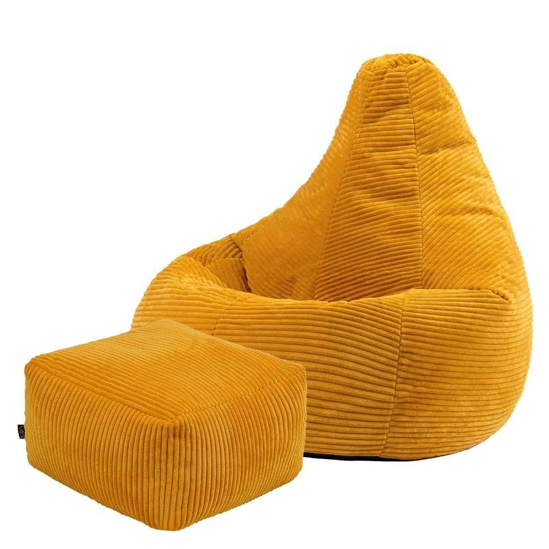 icon Dalton Cord Bean Bag Chair with Footstool, Ochre Yellow, Large Adult Bean Bag with Filling Included, Comfy Chair, Living Room Furniture, Bedroom Furniture