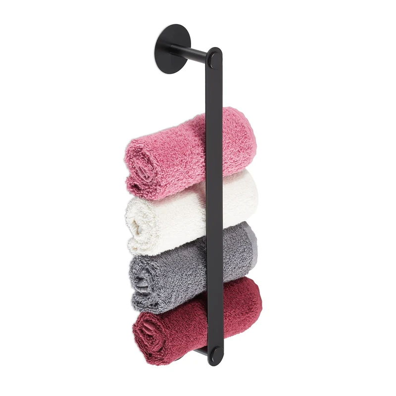 Relaxdays Towel Storage Rail for Bathroom, Stainless Steel, 40.5 cm, Without Drilling, Self-Adhesive to The Wall, Black, 70% 30% Aluminium