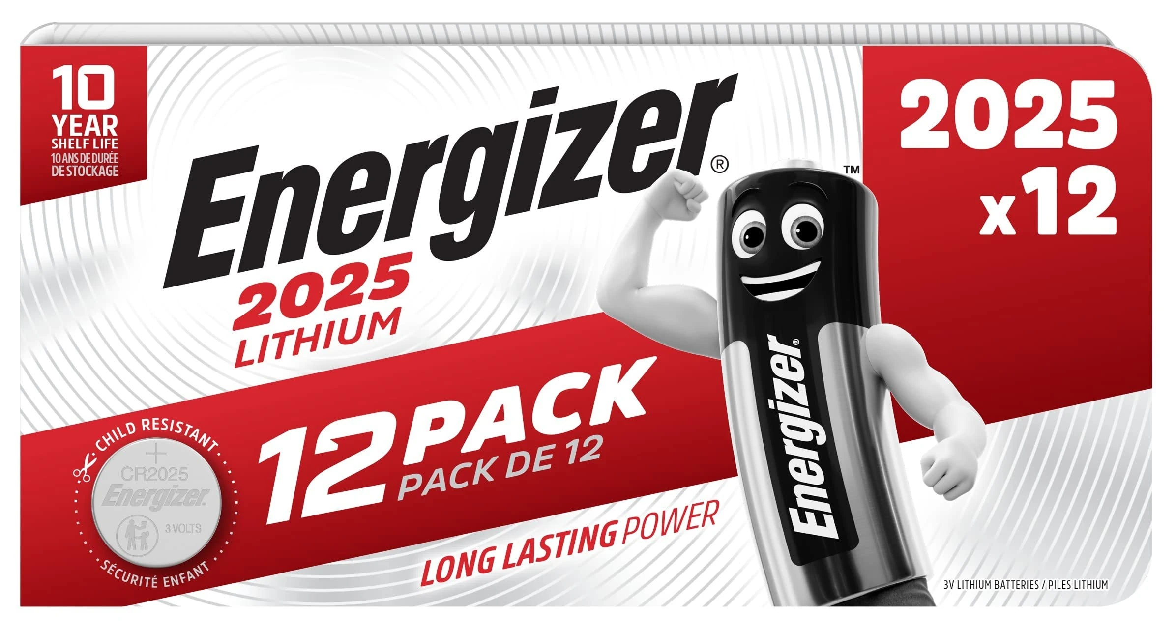 Energizer CR2025 Batteries, 3V Lithium, 12 Pack of Batteries, Child Resistant Blister Pack.