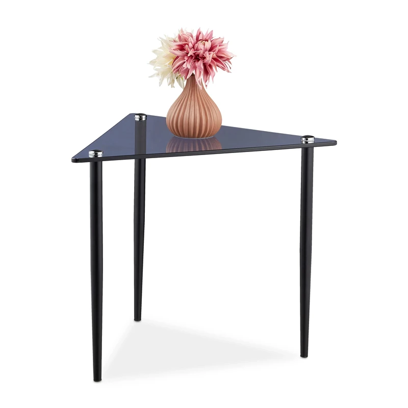 Relaxdays Side Table, H x W x D: approx. 41 x 50 x 50 cm, Triangle, Glass & Metal, Grey/Black