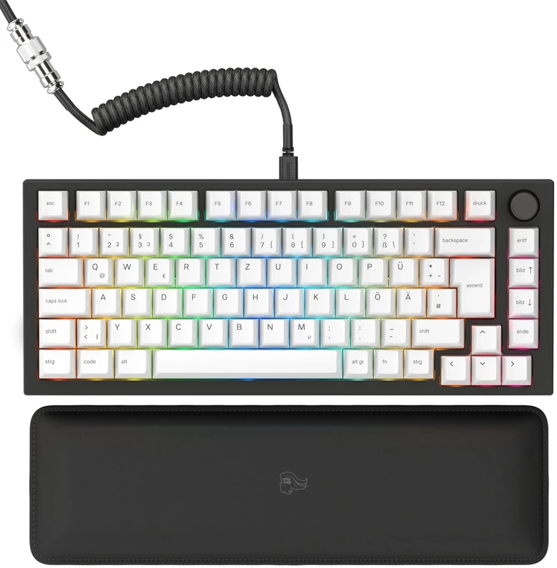 Glorious Gaming GMMK PRO 75Percent - Modular Mechanical Gaming Keyboard, TKL Size, 1.5kg Frame, Customisable, Fox Switches, Coiled Cable,Wrist Rest,White PBT Keycaps, RGB,German QWERTZ Layout - Black
