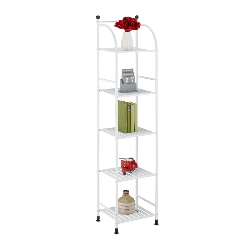 Relaxdays Narrow Storage Unit, 145 X 33 X 28 cm, Kitchen & Bathroom Shelf, 5 Lattice Trays, Metal Standing Tower, White, Steel